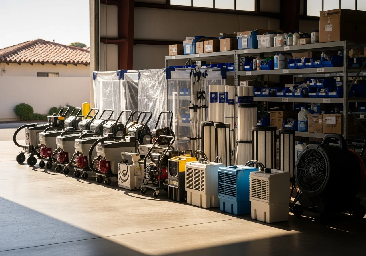 Professional restoration crew with equipment and tools ready for emergency response. Clean, organized job site with containment and safety protocols in place.