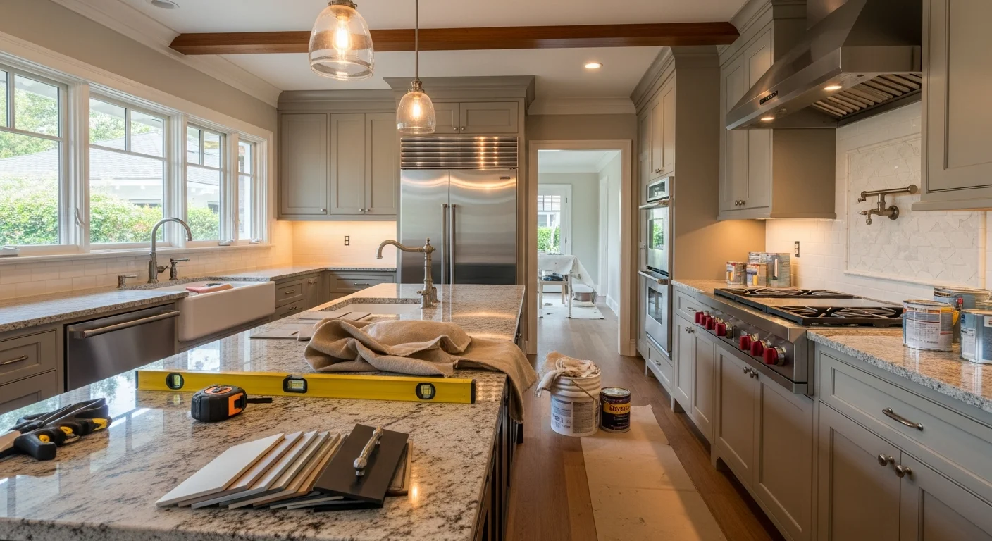 Modern kitchen with custom cabinetry, granite countertops, and under-cabinet lighting in La Cañada Flintridge home