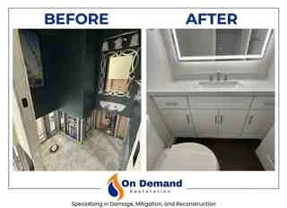 Before and after bathroom restoration showing damaged space transformed into clean, renovated bathroom with new vanity and fixtures