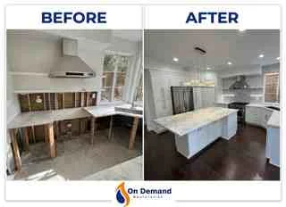 Before and after kitchen restoration showing damaged cabinetry replaced with new white cabinetry and dark flooring