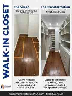 Before and after walk-in closet restoration showing water-damaged floor transformed into custom built-in storage with shelving