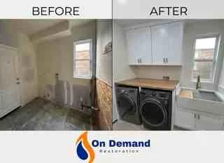 Before and after laundry room restoration showing damaged space transformed into modern room with white cabinets and new appliances