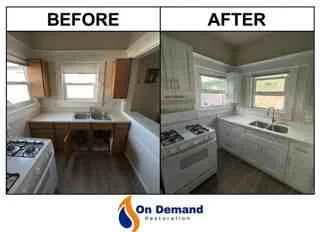 Before and after kitchen restoration showing damaged cabinetry and flooring transformed to clean, restored kitchen