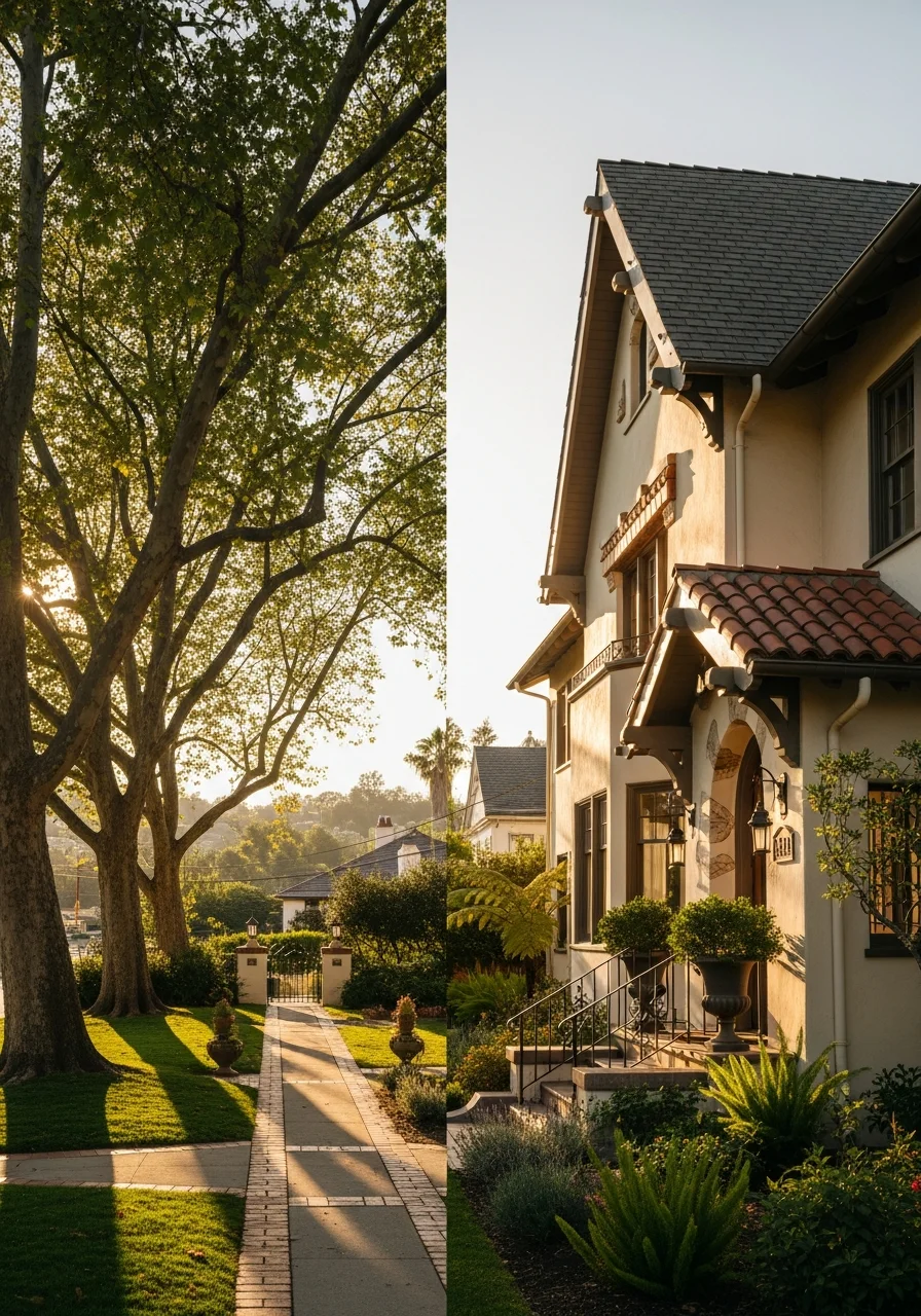 Elegant Pasadena residence with period architectural details and established neighborhood setting.