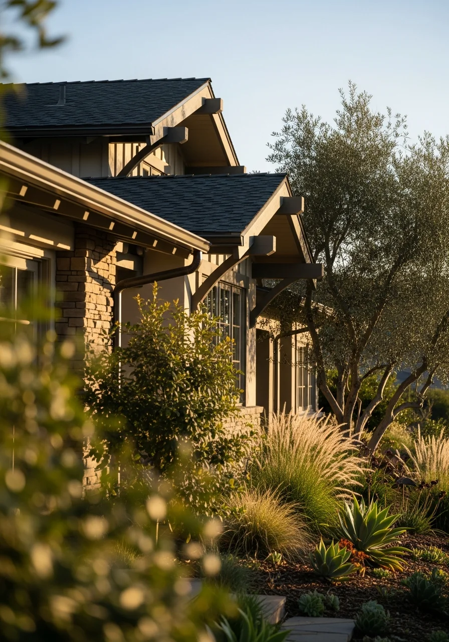 Close-up of a well-maintained hillside home exterior in Sierra Madre with mature landscaping.