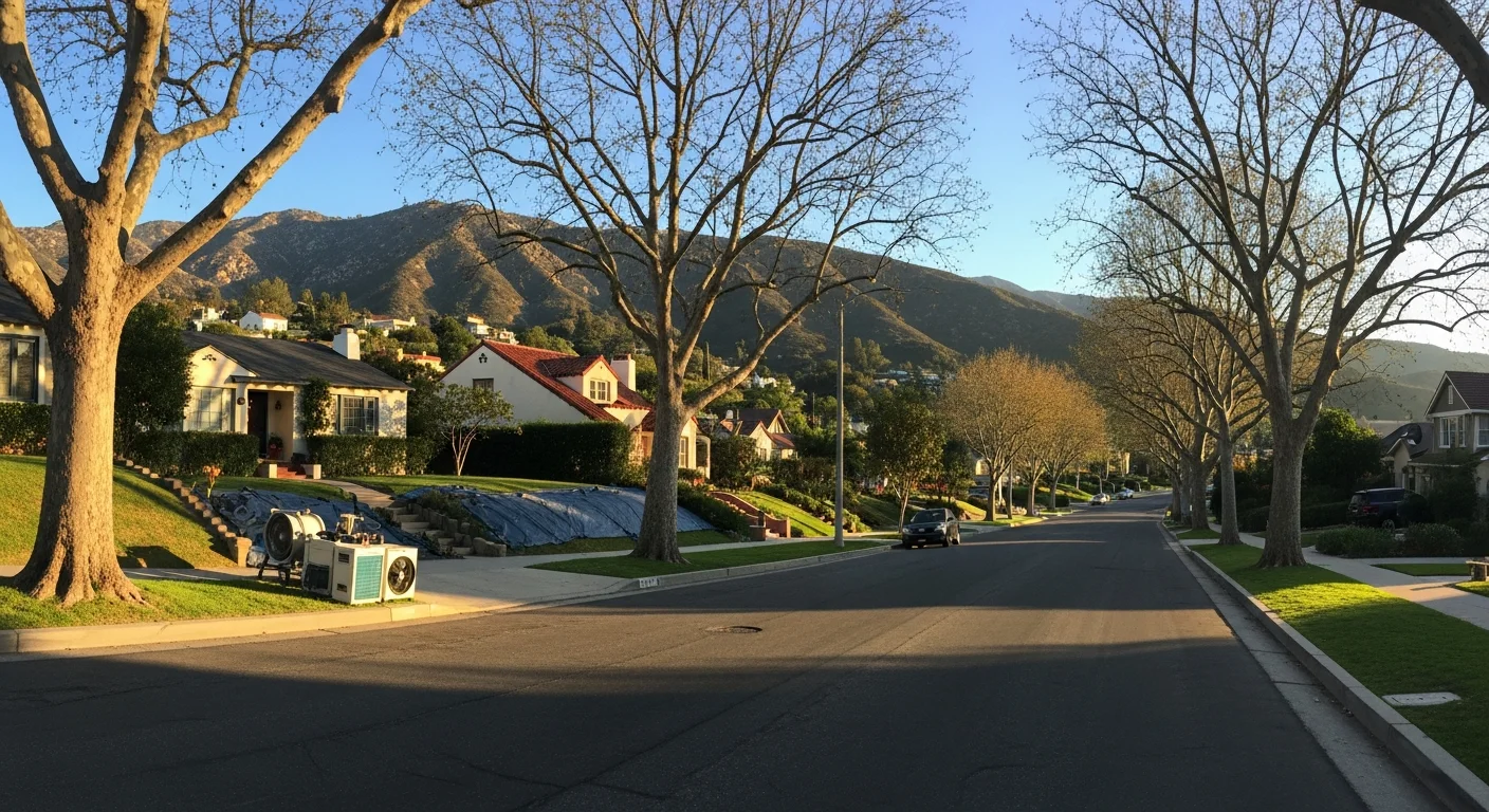 Tree-lined residential street in Sierra Madre with homes nestled against the San Gabriel Mountains foothills.