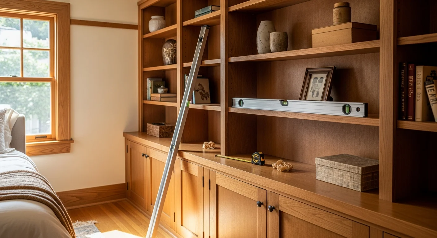 Custom built-in shelving installed floor to ceiling along a living room wall in a Sierra Madre, CA home, with trim details that complement the room's existing Craftsman-style woodwork. The shelving features open display sections and closed lower cabinets against a freshly painted interior wall.