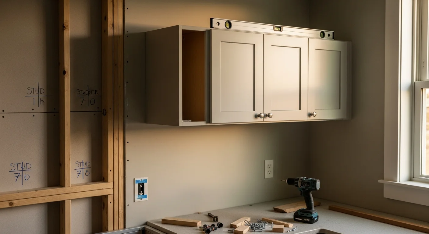 Newly installed kitchen cabinets in a Sierra Madre, CA home, showing upper and lower cabinet runs with aligned doors and hardware against a freshly painted wall. The layout reflects the compact kitchen footprint common in older Sierra Madre Craftsman and midcentury properties.