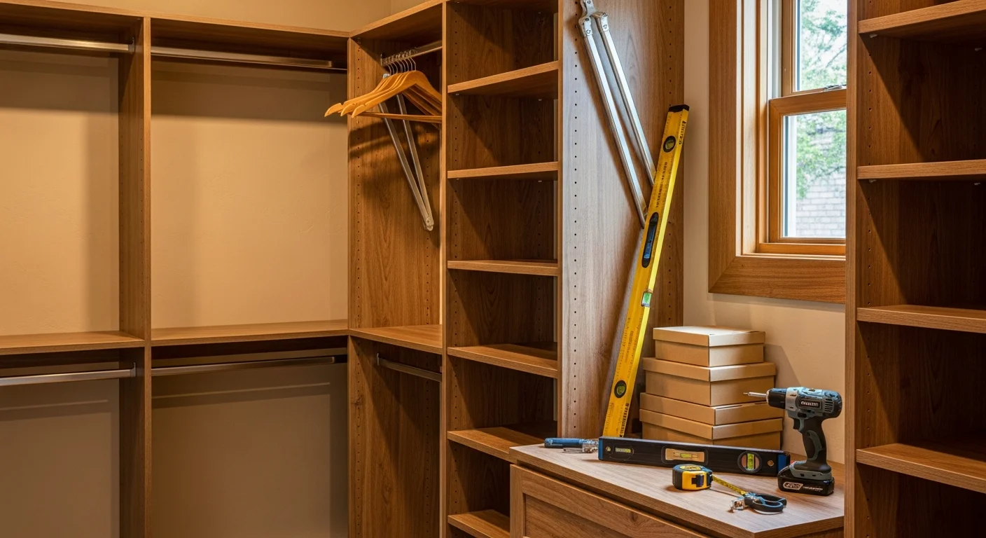 A finished custom walk-in closet with built-in shelving, hanging sections, and drawer units installed in a Sierra Madre, CA home. The closet features clean white cabinetry fitted to the full height of the walls in a single-family residential bedroom.