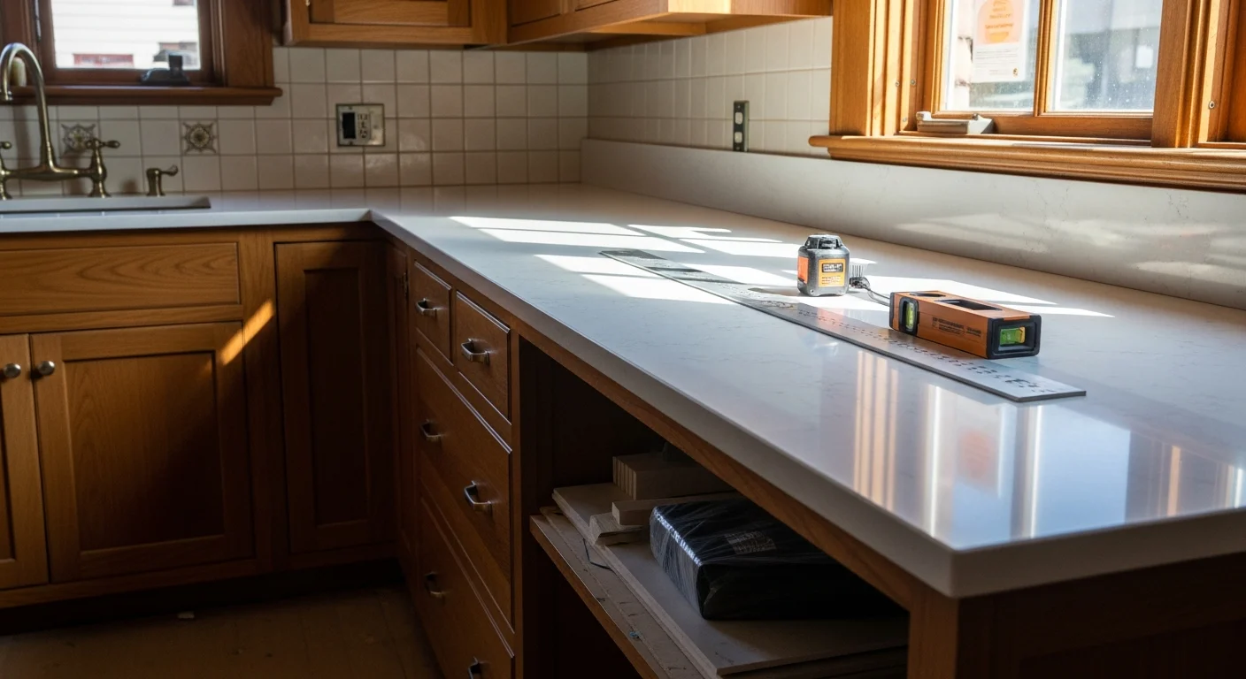 Newly installed custom stone countertop on a kitchen island inside a remodeled Sierra Madre, CA home, with fitted edges meeting existing wood cabinetry. Close view shows a clean undermount sink cutout and sealed surface ready for daily use.