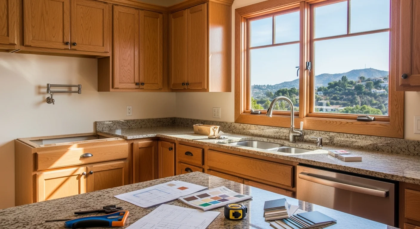 A custom-designed kitchen inside a Sierra Madre Craftsman-style home, featuring updated cabinetry, open counter space, and improved natural lighting. The layout reflects the compact footprint common in Sierra Madre's older residential properties.