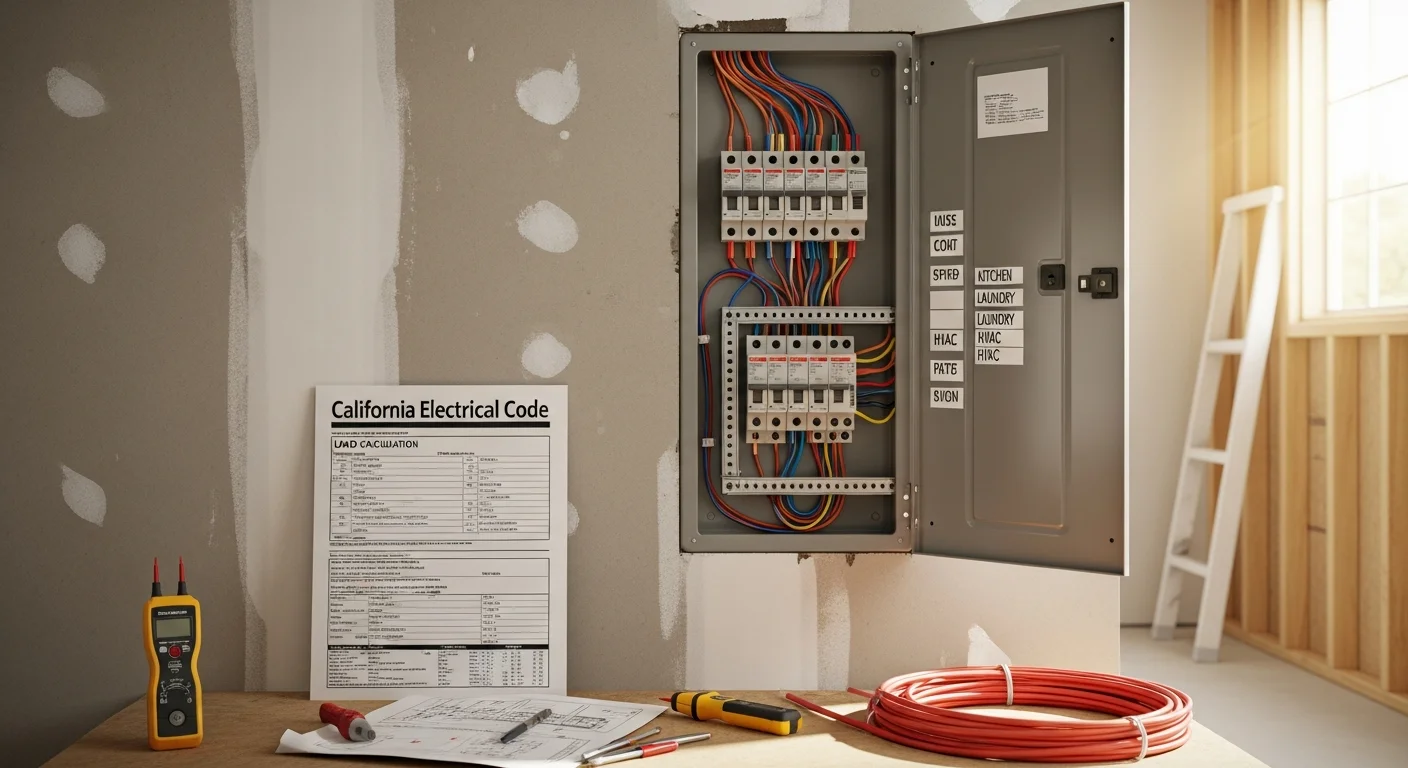 A newly installed dedicated circuit breaker subpanel inside a Sierra Madre, CA home addition, with clearly labeled individual breakers for kitchen, laundry, and HVAC circuits. Clean conduit runs connect the subpanel to the main service panel on the exterior wall of the primary residence.