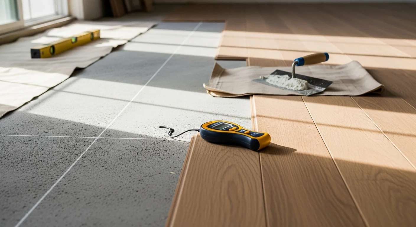 Freshly installed engineered hardwood flooring in a Sierra Madre Craftsman-style home, showing warm wood tones and clean plank lines across an open living area. The floor meets original wood trim and period-style baseboards typical of older Sierra Madre residential properties.