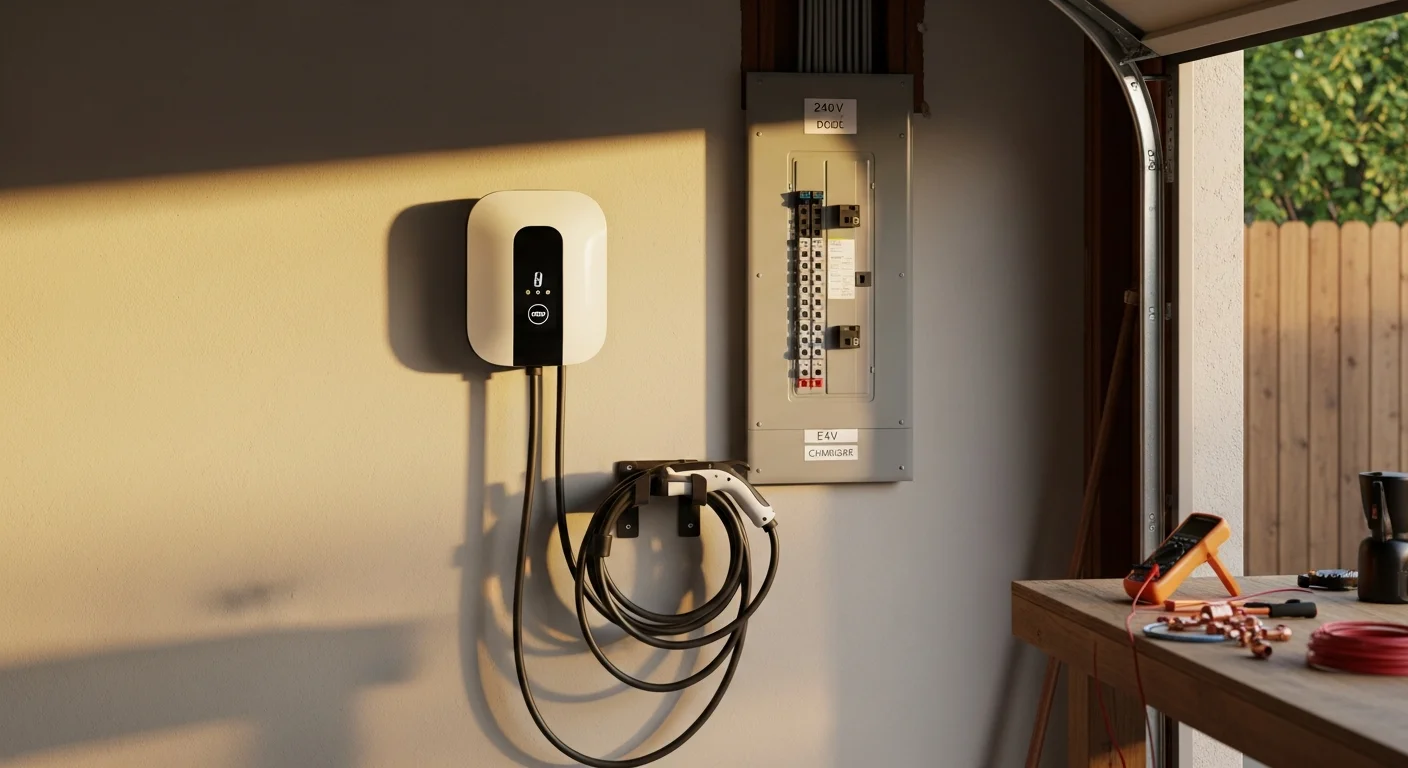 A Level 2 EV charger mounted on the interior side wall of a residential garage in Sierra Madre, CA, with a dedicated conduit running to an upgraded electrical panel. A parked electric vehicle sits connected to the charger in the background.