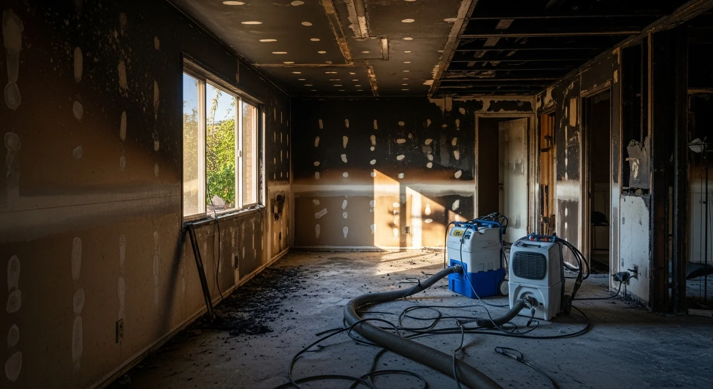 Interior of a Sierra Madre home showing soot-covered walls and ceiling after fire damage, with restoration equipment staged for structural cleaning and smoke odor removal.