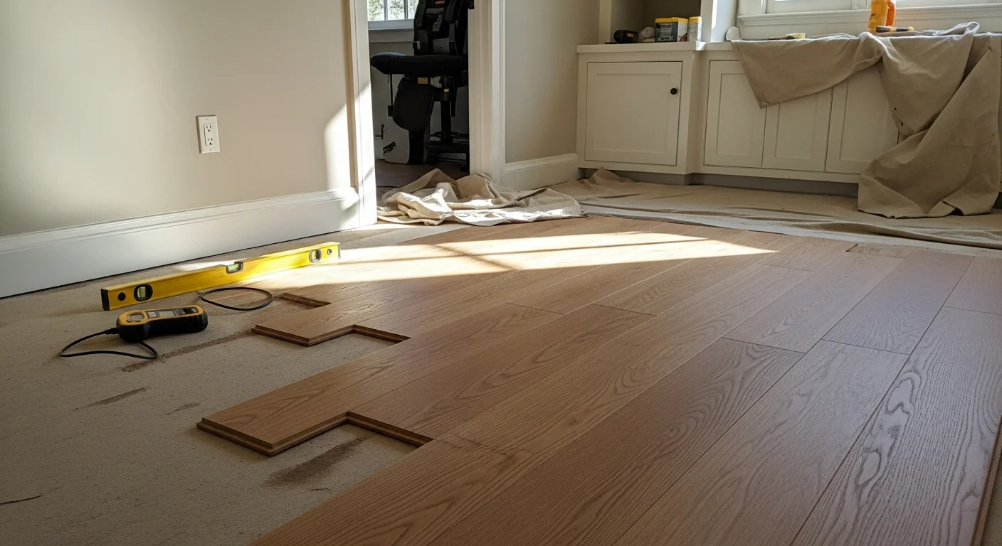 Freshly installed flooring in a single-family home in Sierra Madre, CA, showing clean transitions at the doorway and consistent planks across the living room floor. The room reflects the older Craftsman-style architecture common in the area, with updated flooring contrasting against original trim and baseboards.