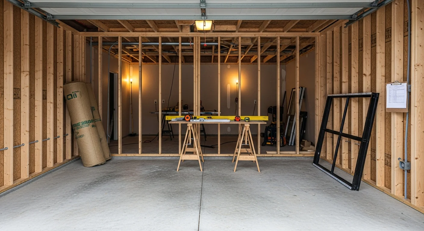 A converted single-car garage in a Sierra Madre residential neighborhood, finished as a self-contained ADU with a new exterior door, egress window, and clean stucco exterior matching the primary home.
