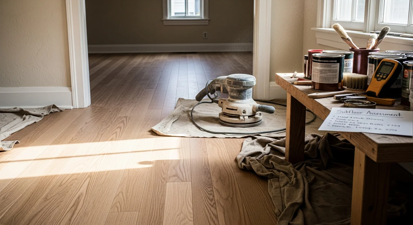 Freshly refinished hardwood floors in a Craftsman-style home in Sierra Madre, CA, showing smooth wood grain and an even satin finish throughout the living area. Natural light from large windows highlights the restored floor surface and original wood trim along the baseboards.