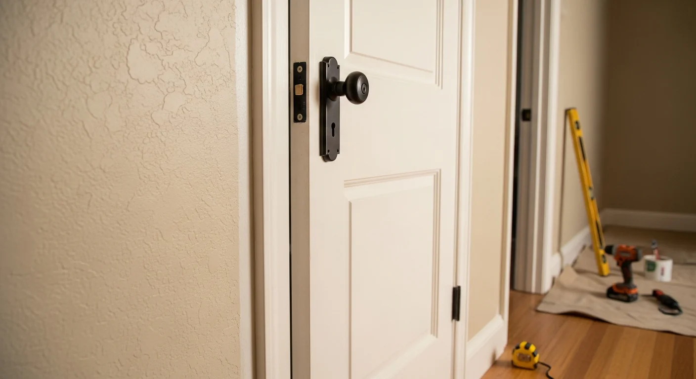 A newly installed interior door with clean trim and aligned hardware inside a single-family home in Sierra Madre, CA. The door frame sits flush with the surrounding wall, showing a finished installation in a residential hallway.
