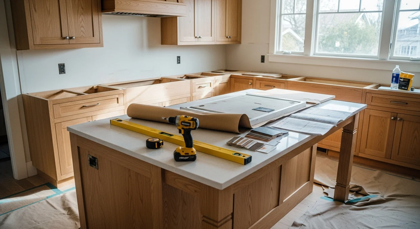 A newly installed custom kitchen island with base cabinet storage and a stone countertop overhang for bar stool seating, inside a remodeled Sierra Madre, CA home. The kitchen features warm wood tones consistent with the Craftsman-style architecture common in the area.