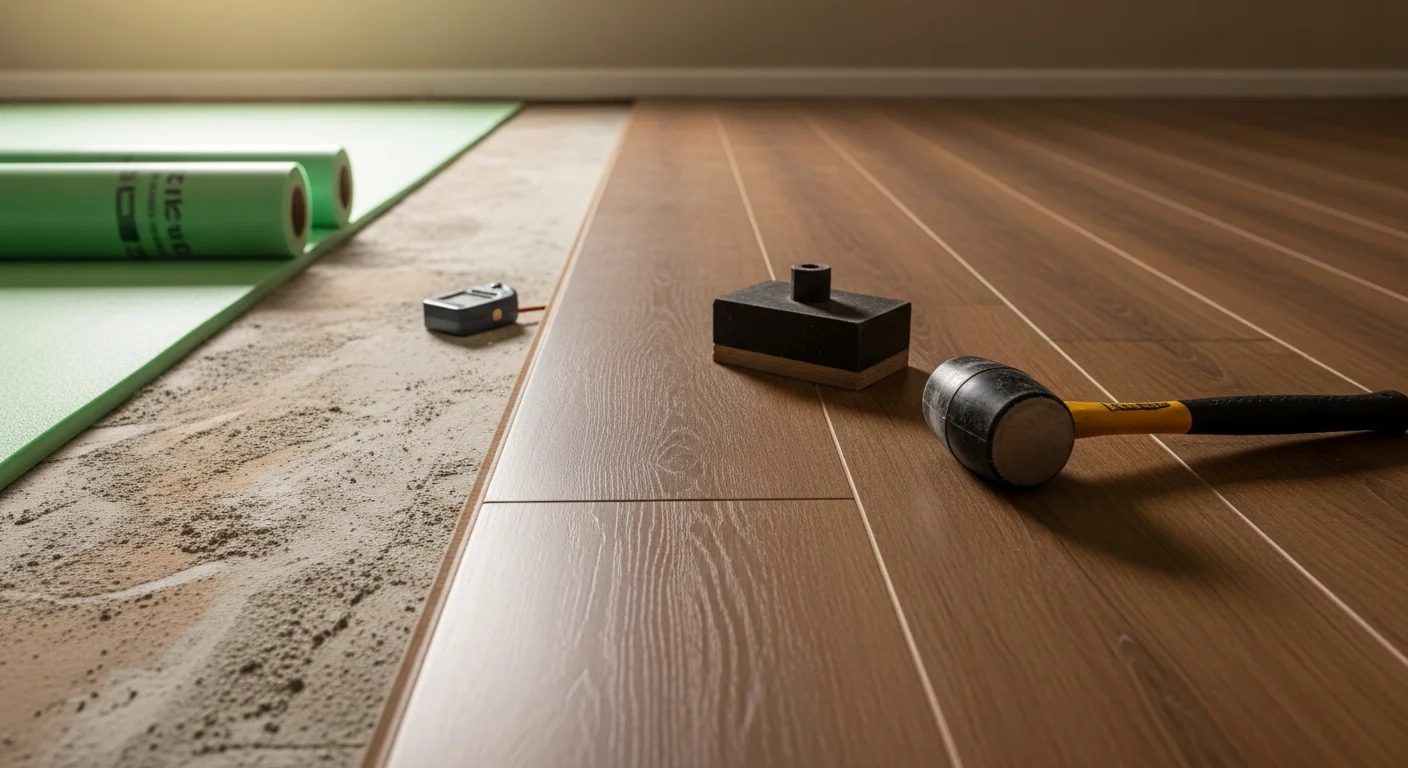 Freshly installed laminate flooring with a wood-grain finish in the living room of a single-family home in Sierra Madre, CA. The floor runs wall to wall with tight seams and even coloring throughout the space.