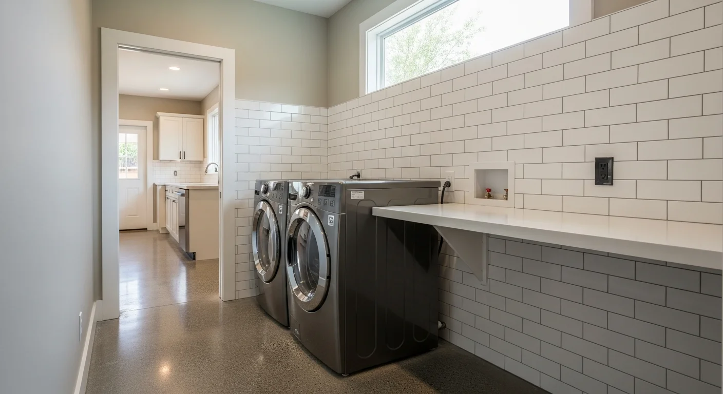 A newly built laundry room addition attached to a single-story Craftsman-style home in Sierra Madre, CA, showing finished interior walls, plumbing connections, and ventilation ducting ready for appliance installation.