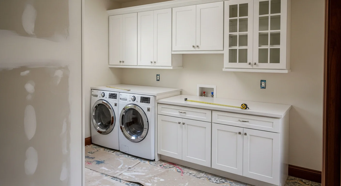 Newly installed upper and lower laundry room cabinets with a fitted countertop above a front-load washer and dryer in a Sierra Madre, CA home. The cabinet layout uses the full wall length to maximize storage in a compact laundry space.