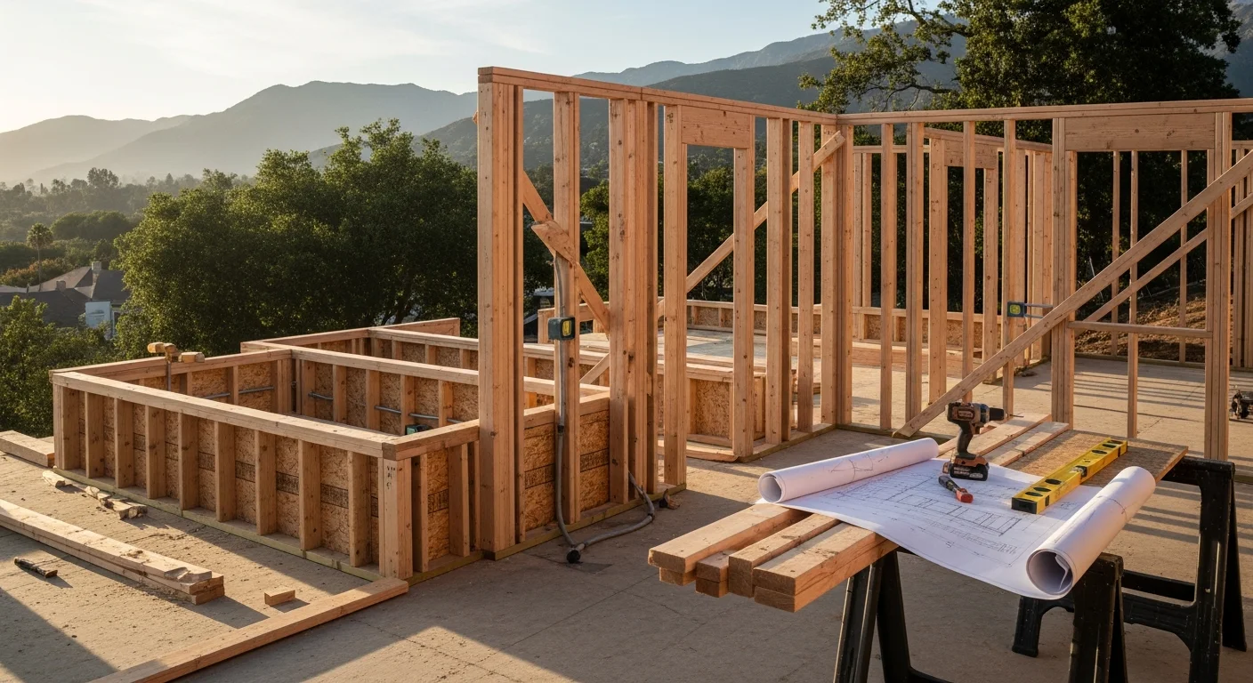 A newly built master suite addition on a single-story Sierra Madre, CA home, showing a private bedroom wing with updated exterior siding that matches the original Craftsman-style structure. The addition includes a visible bathroom window and sits on a landscaped foothill lot typical of the Sierra Madre residential area.