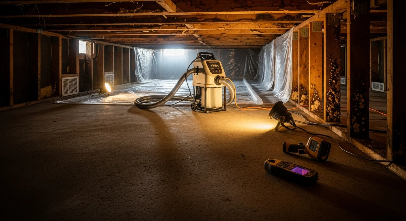 A remediation technician in protective gear removing mold-damaged drywall from the crawl space of an older single-family home in Sierra Madre, CA. Air scrubbing equipment runs in the background with containment barriers sealing off the work area.