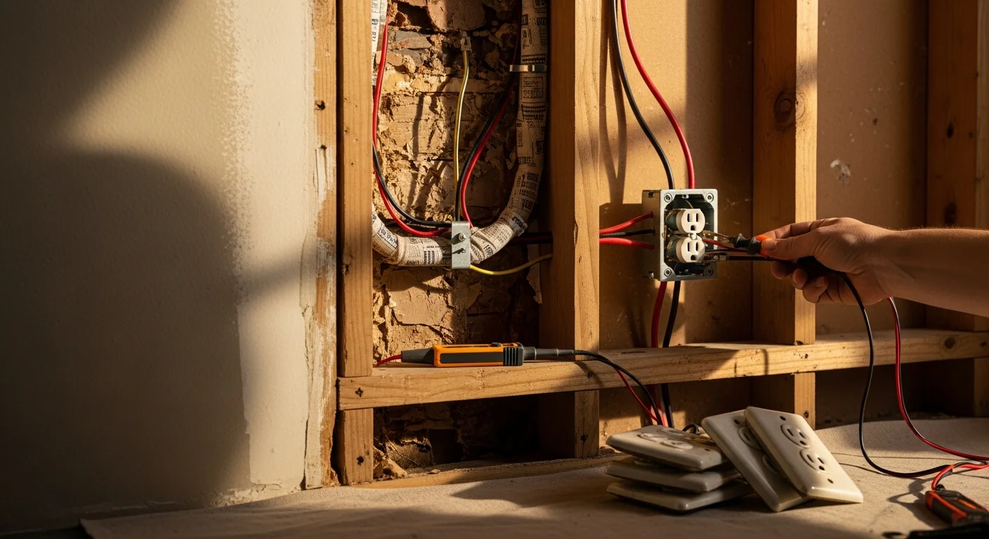 A licensed electrician installing a new grounded outlet in the kitchen of an older single-family home in Sierra Madre, CA. The finished outlet box shows clean screw-terminal wiring connections and a modern GFCI receptacle flush against a painted wall.