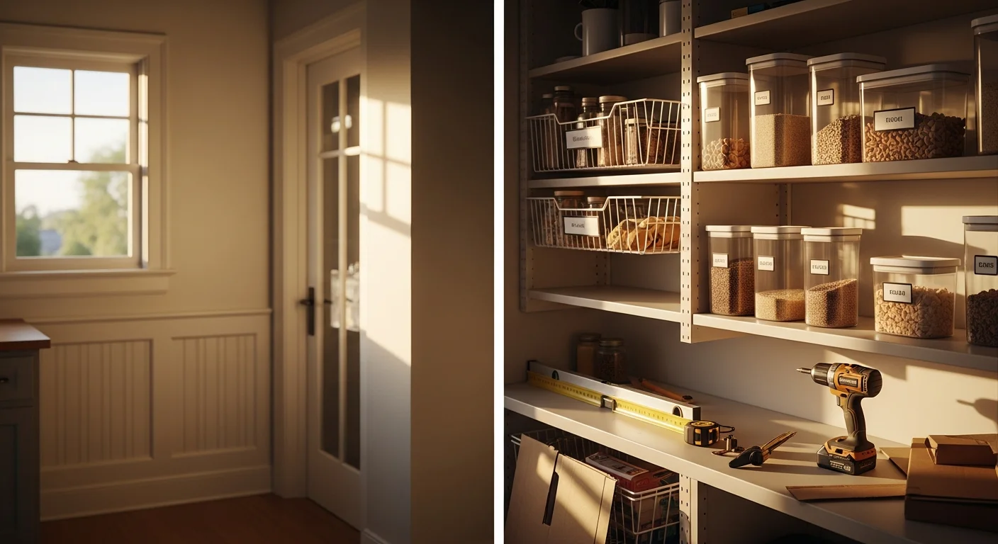 A professionally installed pantry organization system inside a Sierra Madre, CA home, showing adjustable shelving, pull-out drawers, and clearly zoned storage for dry goods and small appliances. The pantry interior is clean, fully accessible, and fitted to the dimensions of an older single-family home.