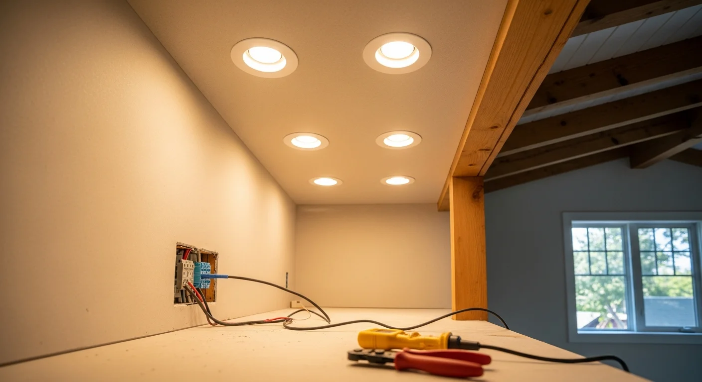 Recessed LED lights installed in a clean white ceiling inside a Sierra Madre home addition, casting even light across an open-concept living area. The flush fixtures sit flush with the ceiling with no visible gaps or trim damage.