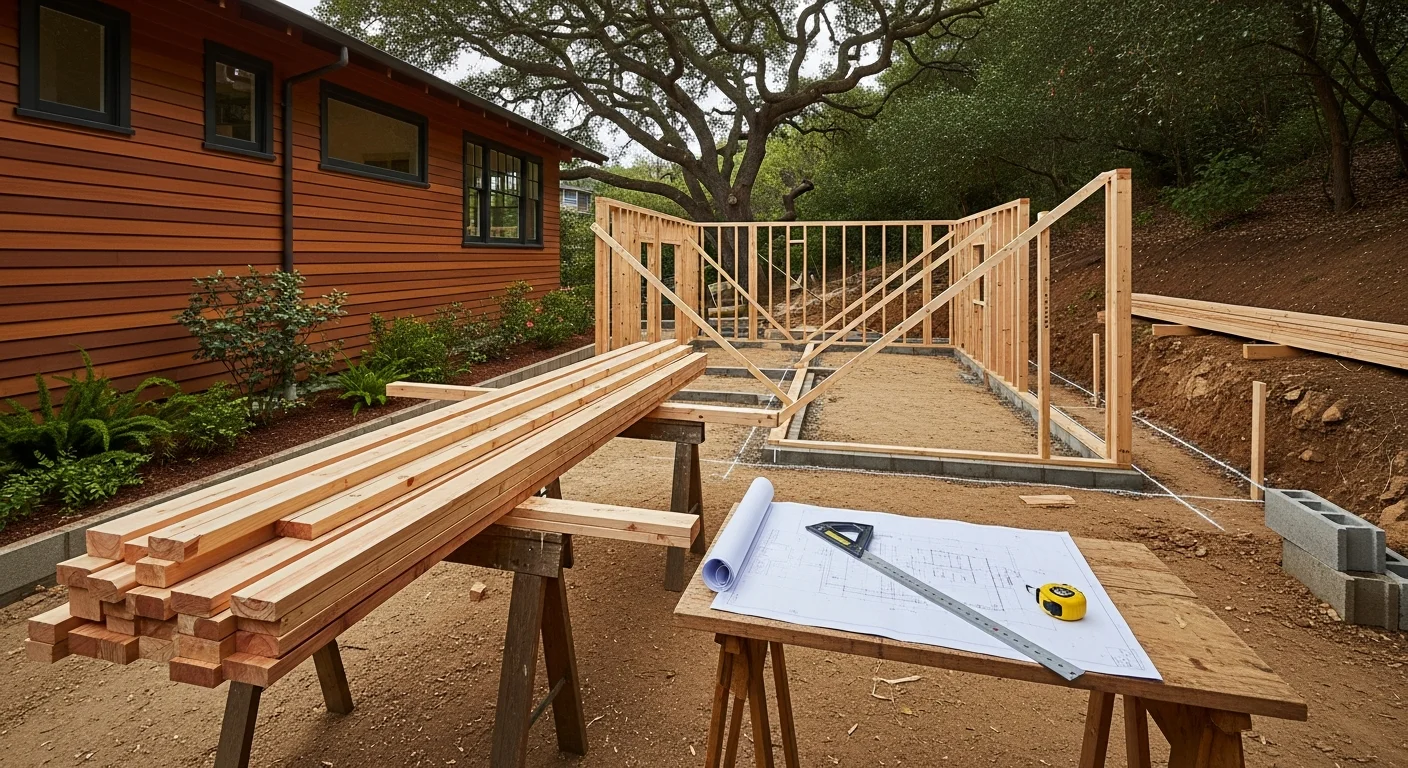 A newly completed room addition on a single-story Craftsman home in Sierra Madre, CA, with exterior siding and roofline matched to the original structure. The addition extends the rear of the home toward a hillside lot, showing framed windows and a finished exterior consistent with the existing residence.