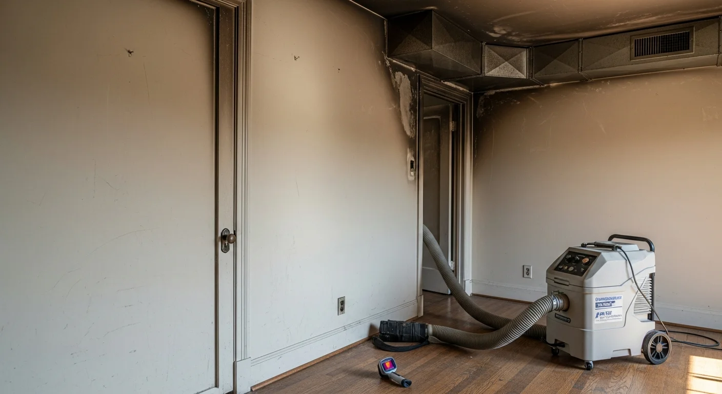 Interior of a Sierra Madre home showing soot-stained walls and ceiling after smoke damage, with restoration equipment staged for professional cleanup. A technician inspects discolored drywall near an HVAC vent in a room affected by wildfire smoke.
