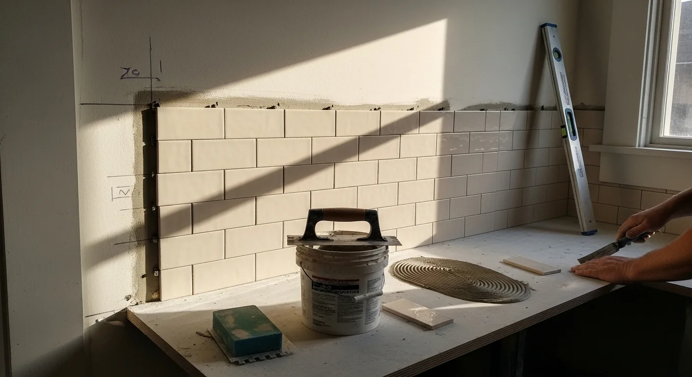 Freshly installed tile backsplash in a Sierra Madre, CA kitchen with clean grout lines and sealed surface. The wall tile runs from countertop to upper cabinets in a home consistent with the area's Craftsman and midcentury residential character.