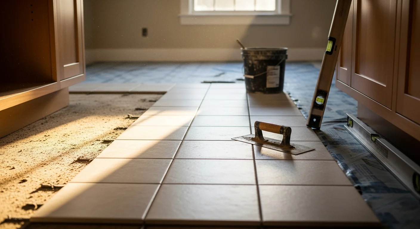 Freshly installed tile flooring in a Sierra Madre, CA home kitchen, showing clean grout lines and a light-toned tile surface that complements the home's Craftsman-era trim and cabinetry. The floor extends from the kitchen into an adjacent entryway, with natural light from a side window highlighting the tile finish.