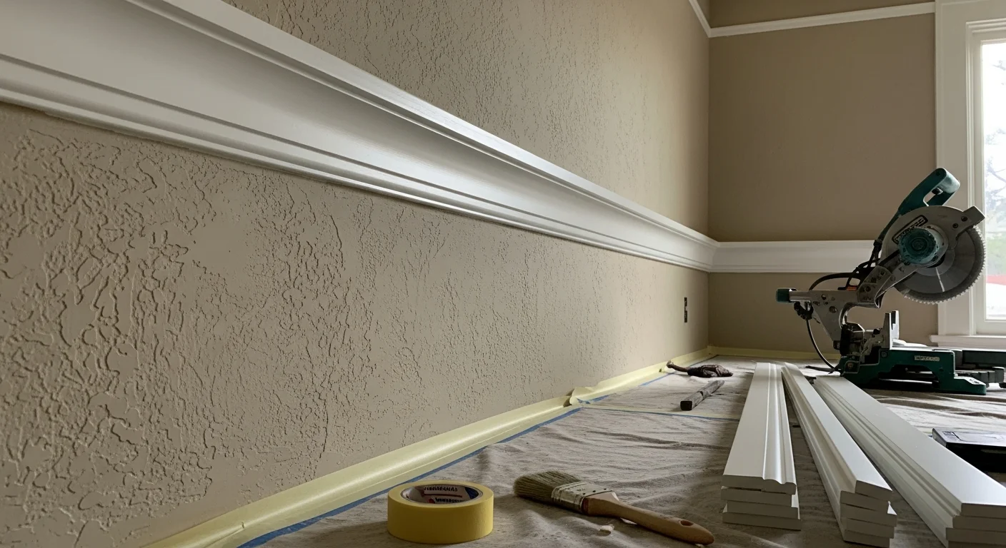 Freshly installed white crown molding and baseboards in a Sierra Madre Craftsman-style living room with hardwood floors. Close-up view shows tight corner joints and a clean wall-to-ceiling transition.