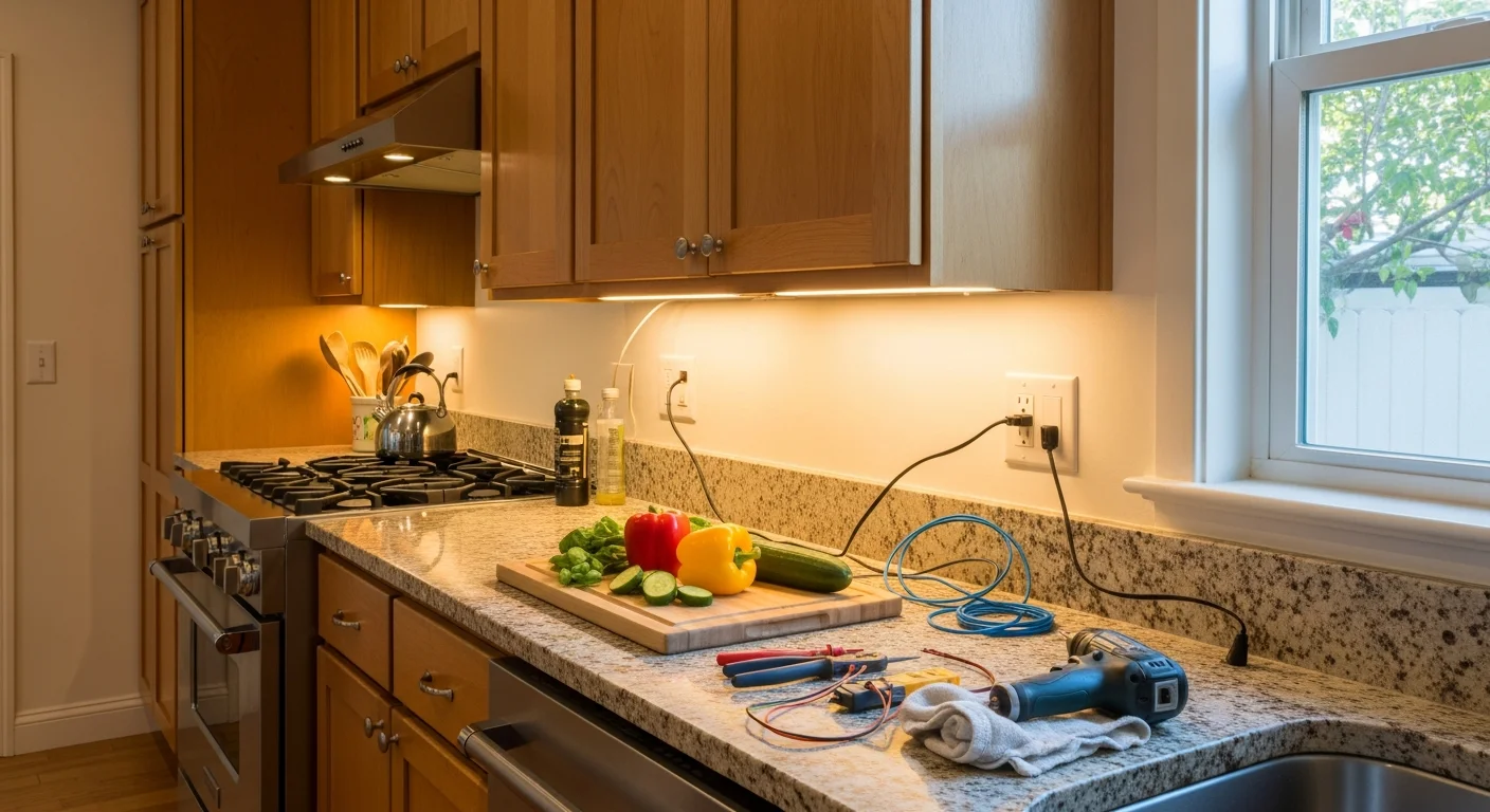 Installed under-cabinet LED lighting illuminating a kitchen countertop in a Sierra Madre, CA home. Low-profile fixtures mounted flush to cabinet undersides with no visible cords or hardware.