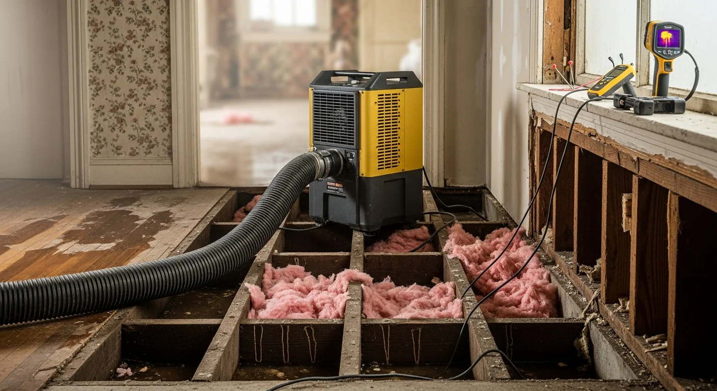 Interior of a Sierra Madre home showing water extraction equipment placed on saturated flooring near a damaged baseboard wall. Industrial air movers and a dehumidifier are positioned to dry the structural materials after water intrusion.